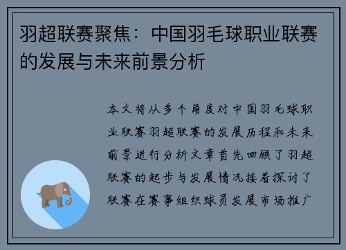 羽超联赛聚焦：中国羽毛球职业联赛的发展与未来前景分析