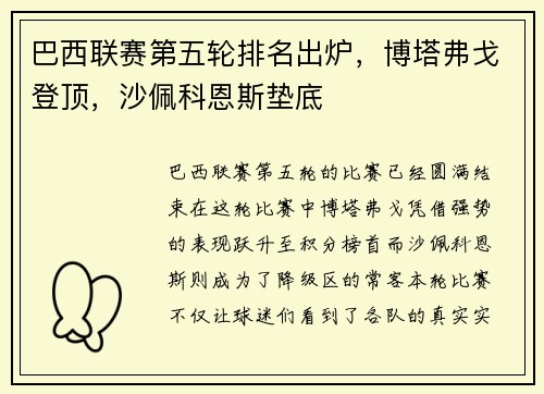 巴西联赛第五轮排名出炉，博塔弗戈登顶，沙佩科恩斯垫底