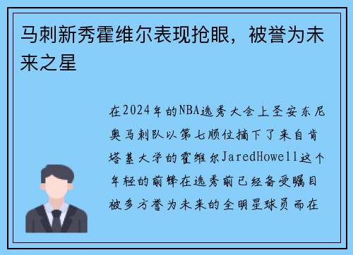 马刺新秀霍维尔表现抢眼，被誉为未来之星