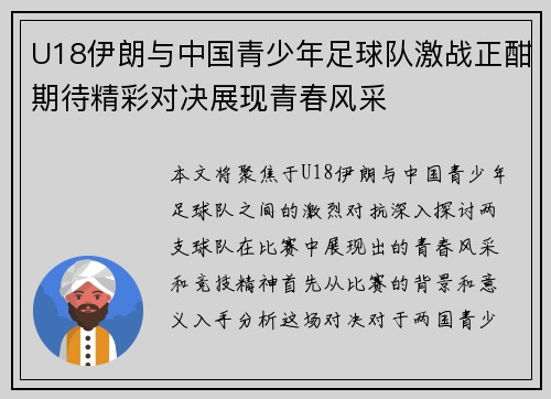 U18伊朗与中国青少年足球队激战正酣期待精彩对决展现青春风采