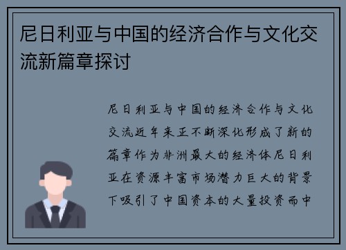 尼日利亚与中国的经济合作与文化交流新篇章探讨